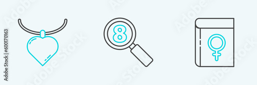 Set line Book about women, Necklace with heart shaped pendant and Search 8 March icon. Vector