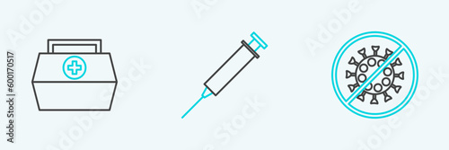 Set line Stop virus, First aid kit and Syringe icon. Vector