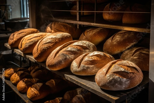 freshly baked artisan bread at a local bakery, generative ai