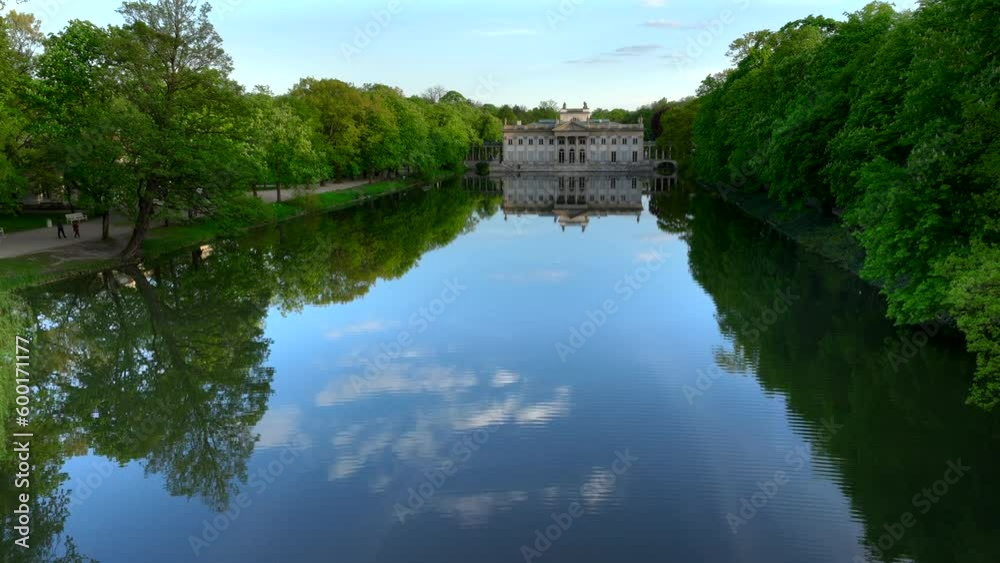 Aerial view of Lazienki Park in Warsaw, Poland on a sunny afternoon.
Royal Palace on the Isle - known as Baths Palace - divides the lake into two parts, a smaller northern lake and a larger southern.