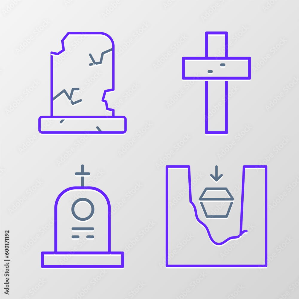 Set line Coffin in grave, Grave with tombstone, Christian cross and Old icon. Vector Set line Coffin in grave, Grave with tombstone, Christian cross and Old icon. Vector