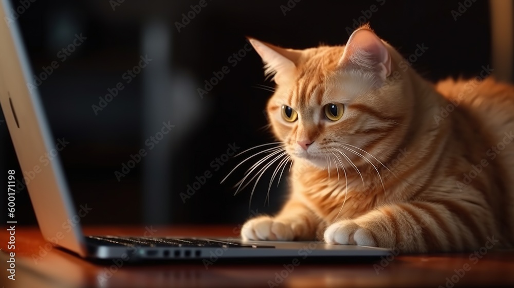 Serious and concentrated cat works remotely on a laptop while sitting at home, ai generated Serious and concentrated cat works remotely on a laptop while sitting at home, ai generated
