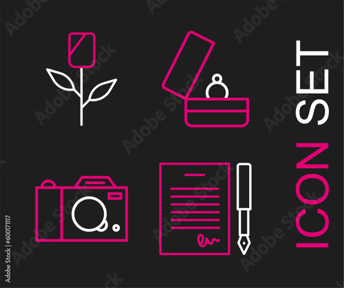 Set line Marriage contract, Photo camera, Wedding rings and Flower rose icon. Vector