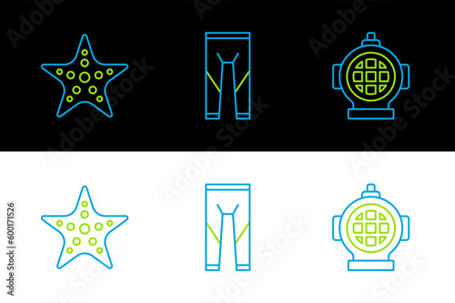 Set line Aqualung, Starfish and Wetsuit icon. Vector