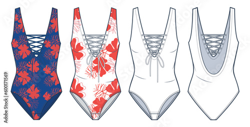 Lace-up Swimsuit technical fashion illustration, floral design. One-Piece Swimsuit, Swimwear fashion flat technical drawing template, v neck, front, back view, white and blue, women CAD mockup set.