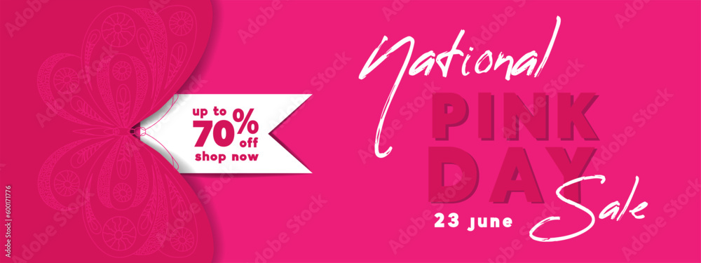 Banner for National Pink Day. Design in white and pink color with butterfly.