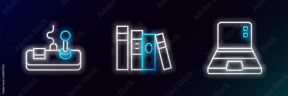 Set line Laptop, Gamepad and Book icon. Glowing neon. Vector Set line Laptop, Gamepad and Book icon. Glowing neon. Vector