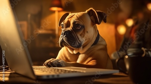 dog  works remotely on a laptop while sitting at home, ai generated  © mariof