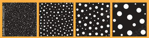 Abstract geometric random size white circles polka dots in black square frame seamless patterns. Vector illustration. 