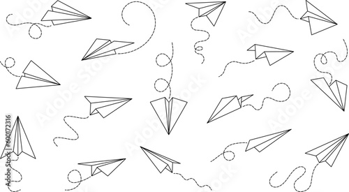 Doodle paper airplane, aircraft creative graphics with line dotted routes. Abstract business, travel or target way. School game, decent vector elements