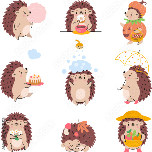 Cartoon hedgehogs stand and play. Hedgehog sleep, eating sweets and drink tea. Cute baby animal, forest autumn creatures nowaday vector set