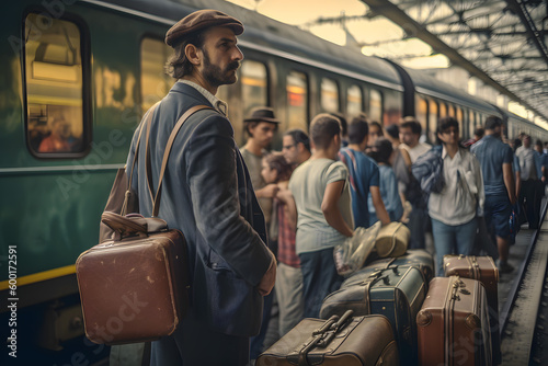 Man and lot of people queue with suitcases on the railway platform near the carriages of a passenger train, departure and arrival. Meeting or seeing off. Generative AI.