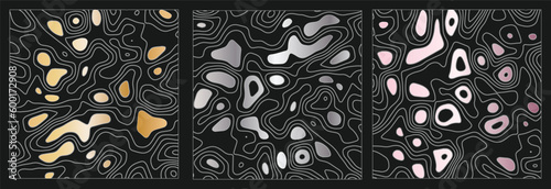 Abstract silver golden liquid pattern with gradient texture on black background. Vector illustration. 