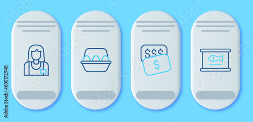 Set line Chicken egg in box, New price tag dollar, Seller and Canned fish icon. Vector