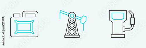 Set line Petrol or gas station, Canister for motor oil and Oil pump pump jack icon. Vector