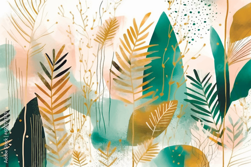 Watercolor abstract botanic tropical pattern with exotic flowers, leaves. Vector dirty background. Floral pattern. Fashion trendy abstract arrangements with tropical colorful plants. leaf. spots