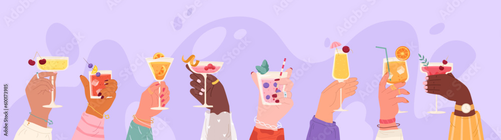 Friends hands holding cocktails. Mojito and margarita, cheers banner. Summer pool drink party, glass on wine and cocktail, snugly vector concept