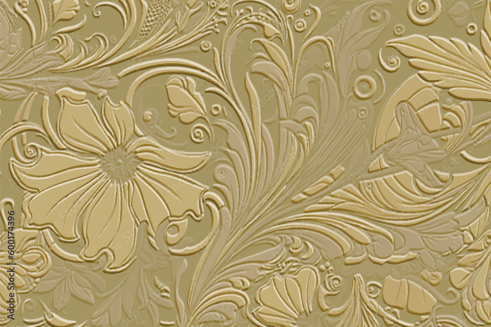Floral art nouveau old retro style leafy 3d emboss pattern. Vector embossed golden background. Repeat emboss plants backdrop. Surface relief 3d flowers leaves textured ornament in old nouveau style