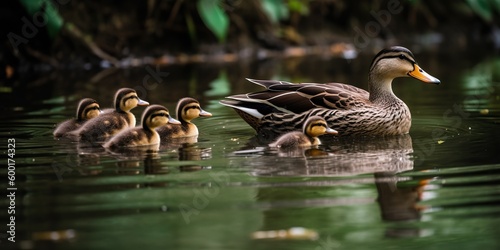 A family of ducks swimming together in a pond, concept of Social behavior, created with Generative AI technology
