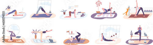 Happy yoga practice, workout at home. Funny aerobic exercise with cats, diverse man woman pilates and stretching legs. Morning sport kicky vector scenes