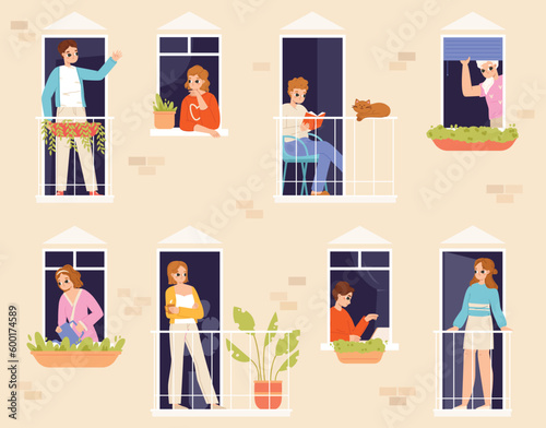 Neighborhood scene, neighbors in windows apartments house. People relax at home, spring summer opening window and snugly balcony vector concept