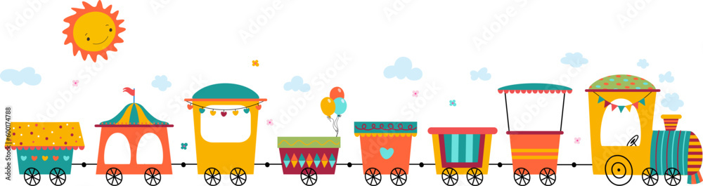 Children cartoon train, amusement park transport with sun and clouds. Kids attraction, empty trailers with flags bunting, isolated vector graphic - obrazy, fototapety, plakaty 