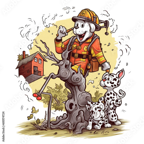 A Firefighter T-shirt Design featuring a humorous cartoon of a dalmatian firefighter with a helmet and a hose, Generative Ai photo