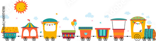 Children cartoon train, amusement park transport with sun and clouds. Kids attraction, empty trailers with flags bunting, isolated vector graphic