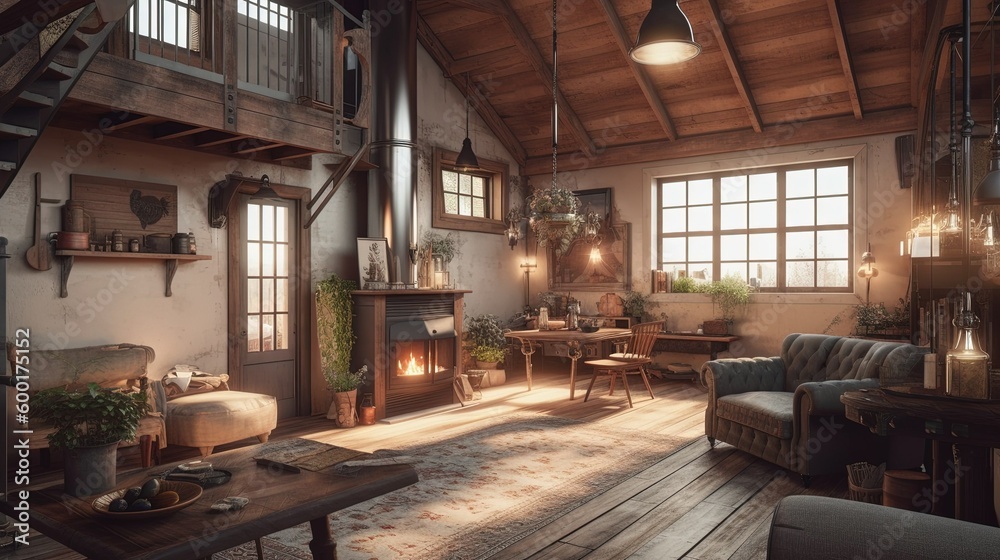Interior of a farmhouse living room created with Generative AI technology. Interior of a farmhouse living room created with Generative AI technology.