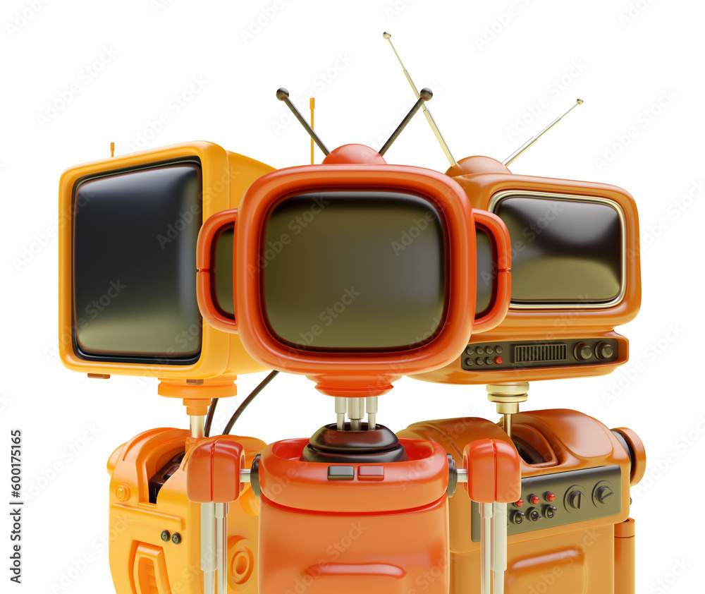 Naklejka premium 3d friendly robot, cyborg or android with head in shape of an old retro TV or monitor in realistic cute cartoon style. Technology creative concept design. Set bright funny render illustration.