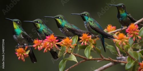 A group of hummingbirds sipping nectar from brightly colored flowers, concept of Pollination ecology, created with Generative AI technology