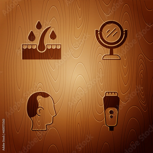Set Electric razor blade, Oil for hair care treatment, Baldness and Hand mirror on wooden background. Vector