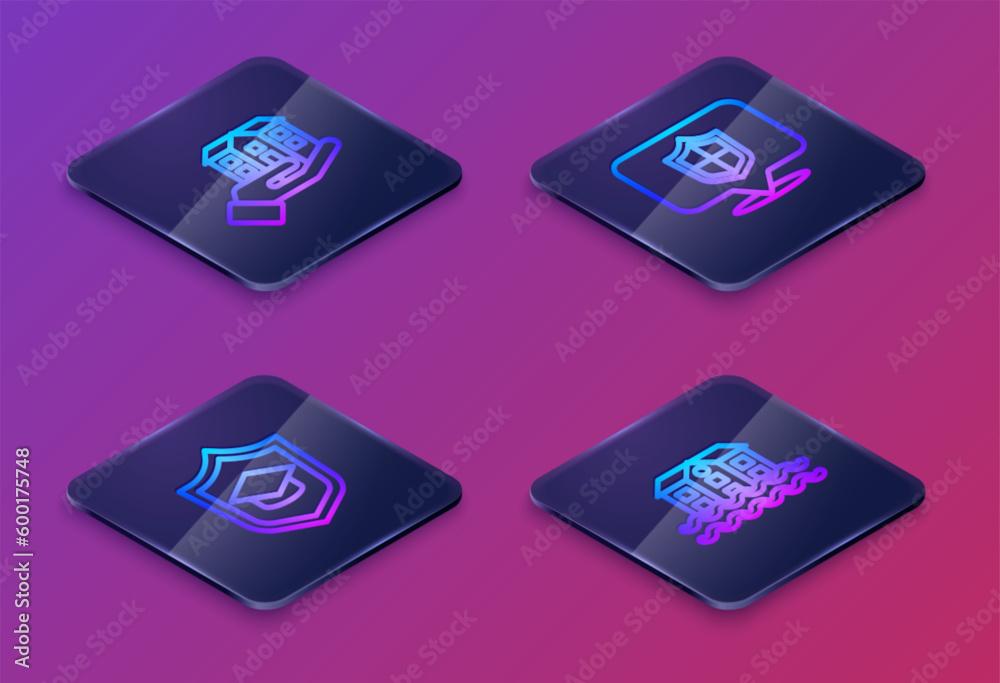 Set Isometric line House in hand, Graduation cap with shield, Location and flood. Blue square button. Vector Set Isometric line House in hand, Graduation cap with shield, Location and flood. Blue square button. Vector