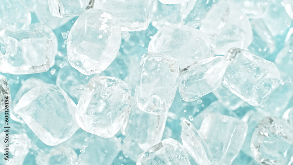 Freeze motion of flying ice cubes isolated on blue background.