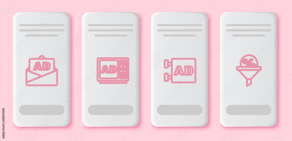 Set line Advertising, , and Lead management. White rectangle button. Vector Set line Advertising, , and Lead management. White rectangle button. Vector