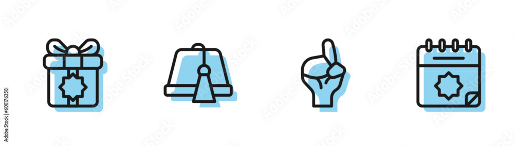 Set line Hands in praying position, Gift box, Turkish hat and Ramadan calendar icon. Vector Set line Hands in praying position, Gift box, Turkish hat and Ramadan calendar icon. Vector