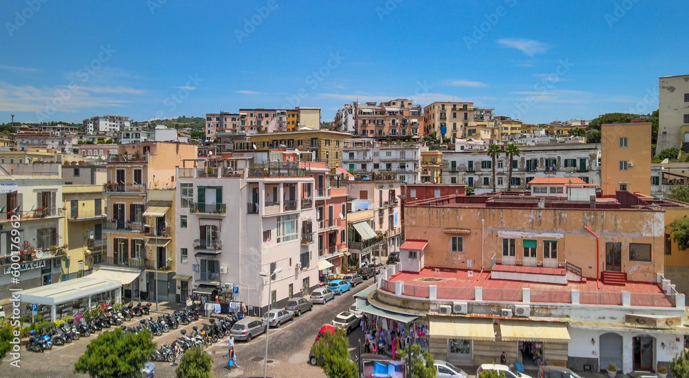 Aerial view of Pozzuoli port from a drone in summer season, Italy