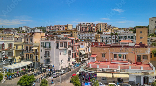 Aerial view of Pozzuoli port from a drone in summer season, Italy