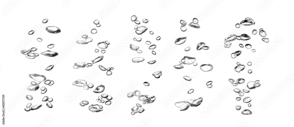 Oxygen bubbles in transparent liquid underwater with bubbles rising on water surface on white background. Oxygen bubbles in transparent liquid underwater with bubbles rising on water surface on white background.