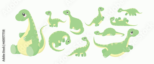 Cute Brontosaurus Character Set Vector Illustrations. Happy Brontosaurus Character Collections.