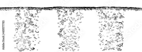Oxygen bubbles in transparent liquid underwater with bubbles rising on water surface on white background.
