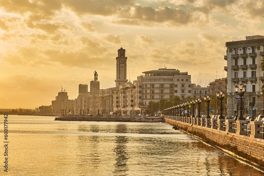 Panoramic view of Bari, Southern Italy, the region of Puglia seafront at dusk.