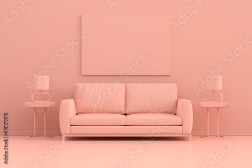 Mock up empty or blank poster frame on a pink wall background with sofa  floor lamp and decorative plants. 3D Rendering Pink interior room space.