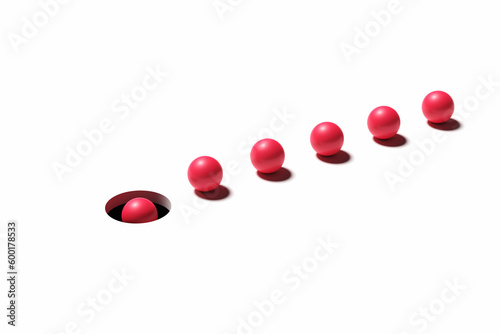 Bad leadership and blind conformity concepts. Red balls in a row following the leader towards the dark hole.