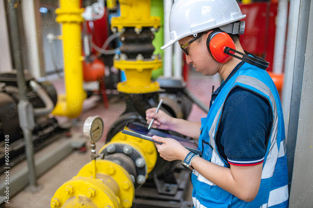 Maintenance technician at a heating plant,Petrochemical workers supervise the operation of gas and oil pipelines in the factory,Engineers put hearing protector At room with many pipes Maintenance technician at a heating plant,Petrochemical workers supervise the operation of gas and oil pipelines in the factory,Engineers put hearing protector At room with many pipes