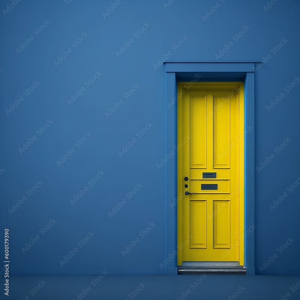 Yellow door on a plain blue background. Modern minimal concep.