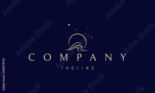 Vector golden logo on which an abstract image of three waves against the background of the duna and stars.