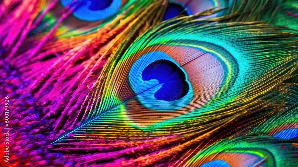Obraz premium Colorful, abstract macro view of a peacock feather's iridescence, generative ai