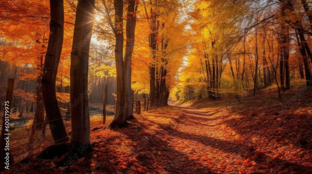Colorful, autumnal forest scene with vibrant foliage, generative ai