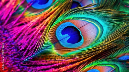 Colorful, abstract macro view of a peacock feather's iridescence, generative ai